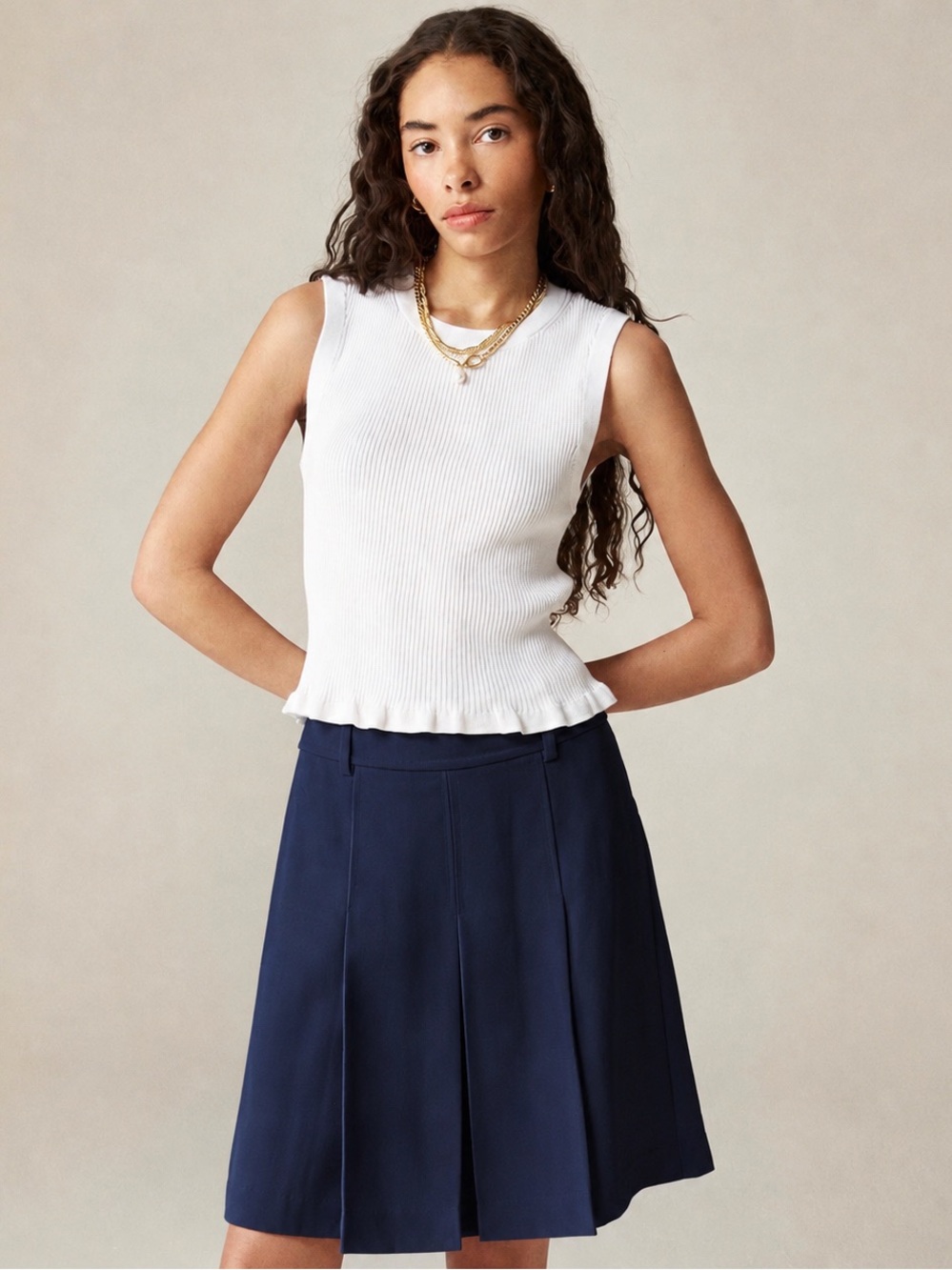 J. Crew 2025 Pleated Knee Length Skirt 14 Navy Blue Classic Minimalist Preppy - Picture 3 of 10